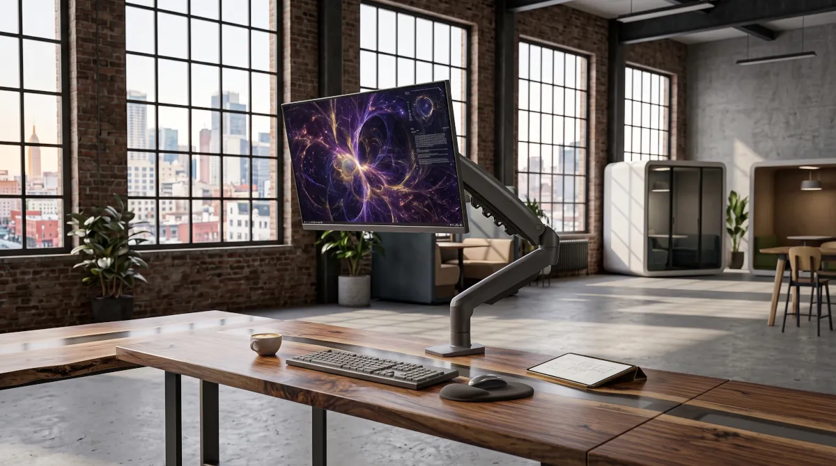 Suporte articulado ELG F80N instalado numa mesa, com braço elevado e monitor preso em posição inclinada, mostrando o pistão a gás