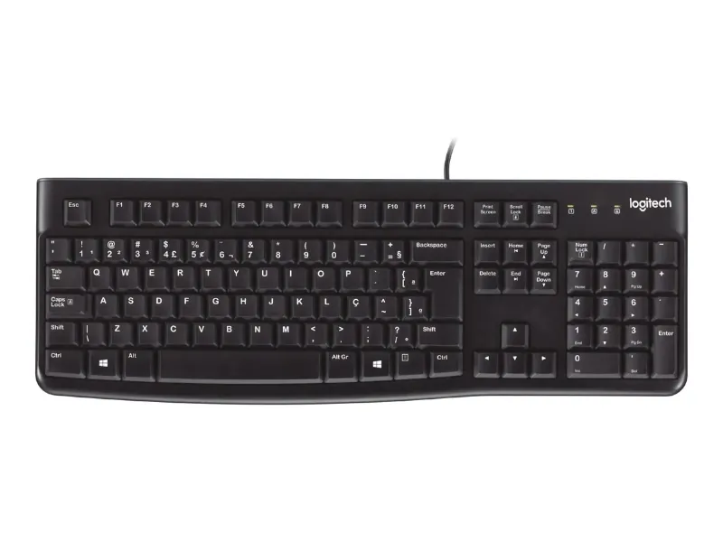 Teclado de membrana Logitech K120 preto de tamanho completo com bloco numérico e layout ABNT2