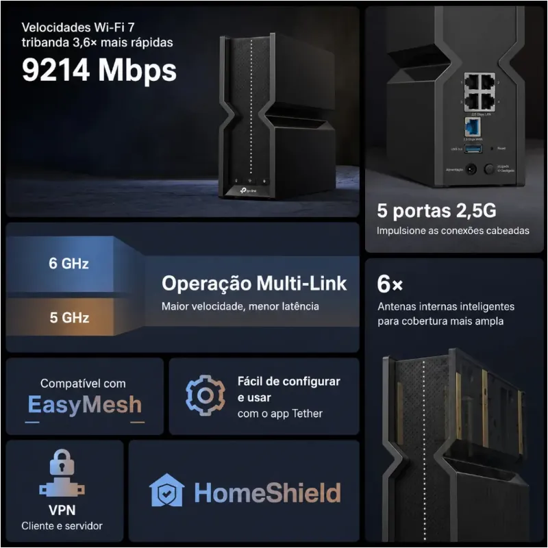 P-Link Archer BE550, roteador Wi-Fi 7 tri-banda com banda de 6 GHz