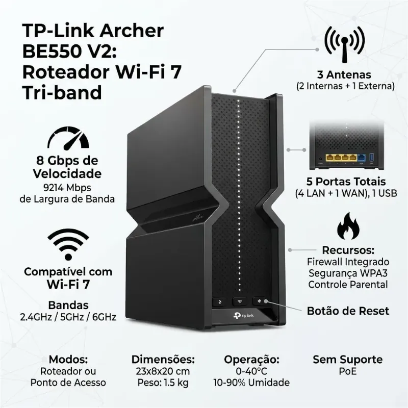 TP-Link Archer BE550, roteador Wi-Fi 7 tri-banda com banda de 6 GHz