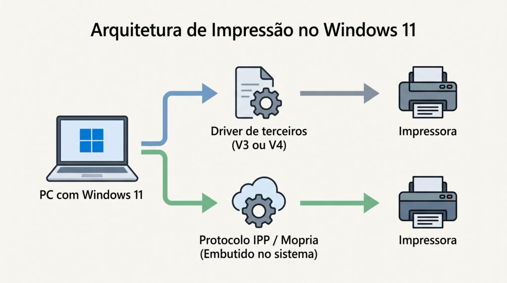 Diagrama com dois caminhos de impressão no Windows 11: um passa por driver de terceiros V3 ou V4 e outro usa o protocolo IPP com Mopria embutido no sistema, ambos chegando à impressora.