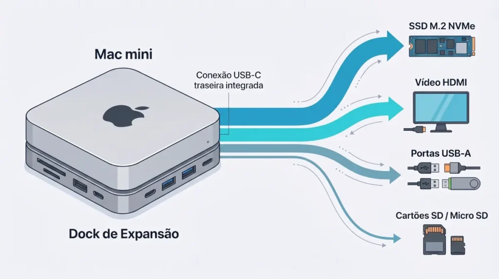 Diagrama do Mac mini apoiado no dock, com a banda dividida entre SSD M.2, portas USB-A, leitor de cartão e saída de vídeo