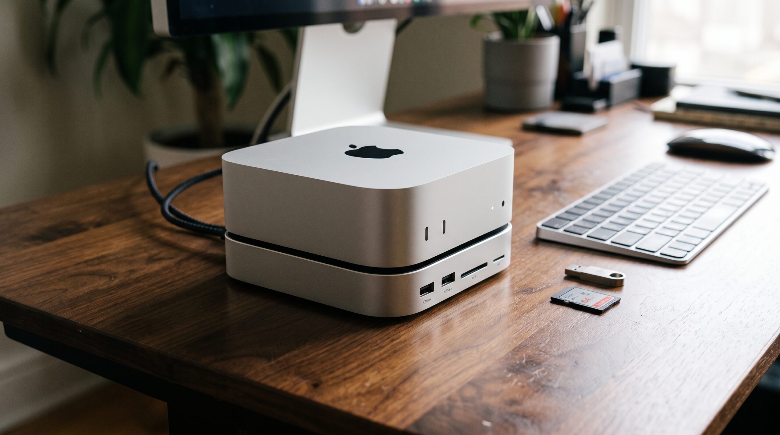 Mac mini apoiado sobre um dock de alumínio com slot de SSD M.2, em uma mesa de trabalho organizada com monitor ao fundo.