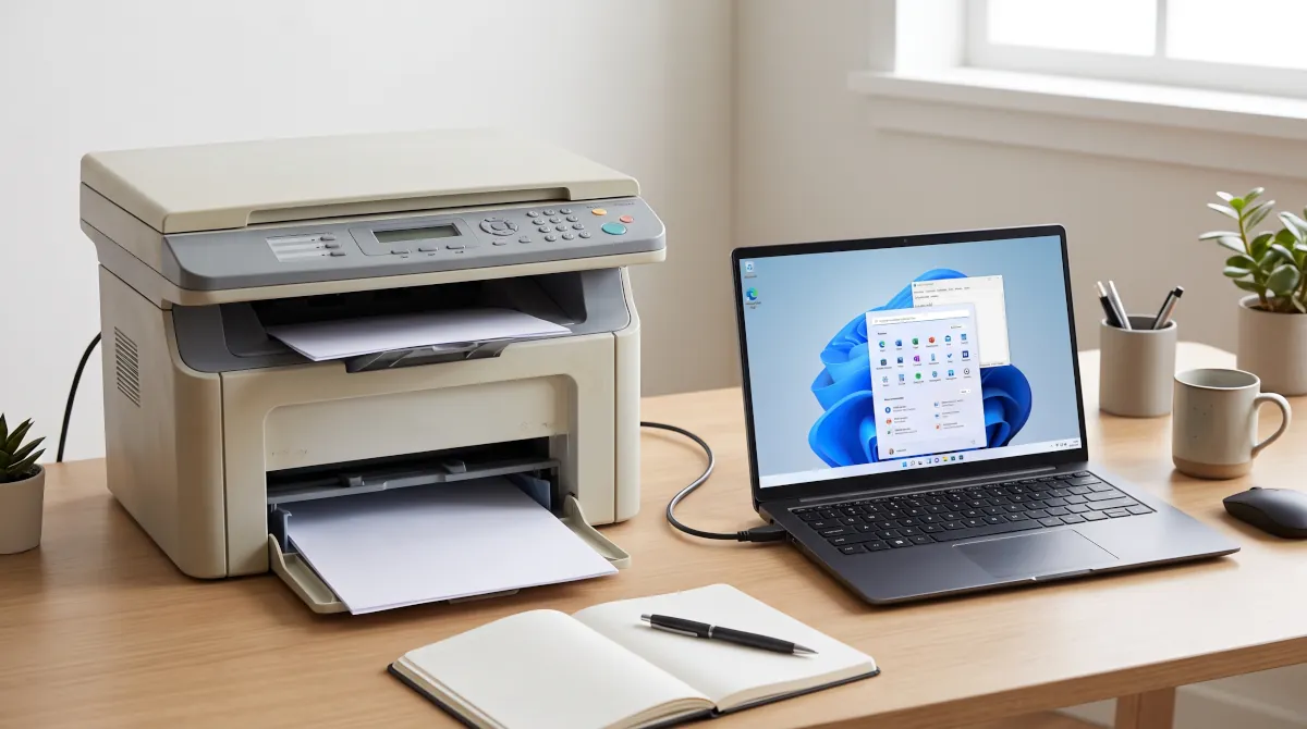 Impressora multifuncional compacta sobre uma mesa de home office, ao lado de um notebook aberto, com uma folha saindo da bandeja de impressão.