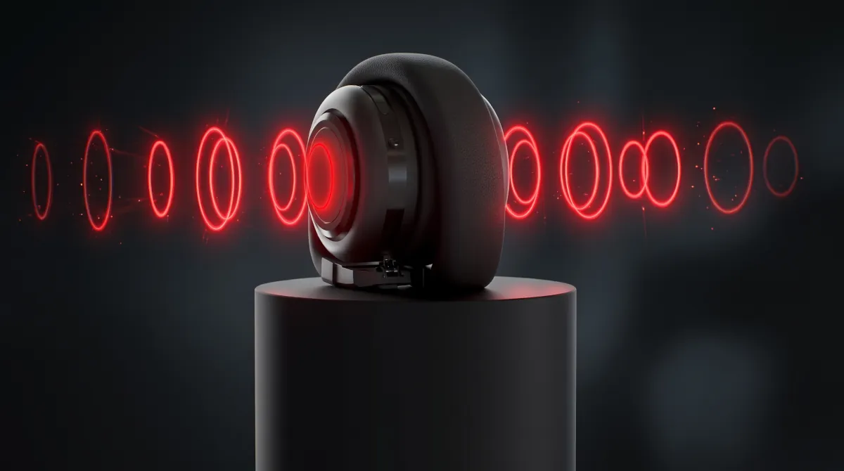 Fone de ouvido preto TDM Neo Hybrid posicionado de lado sobre um pedestal cilíndrico escuro. Uma das conchas do fone está rotacionada para fora, emitindo ondas sonoras gráficas e brilhantes na cor vermelha que se propagam para as laterais, ilustrando a transição do modo fone para o modo alto-falante externo em um fundo preto enevoado
