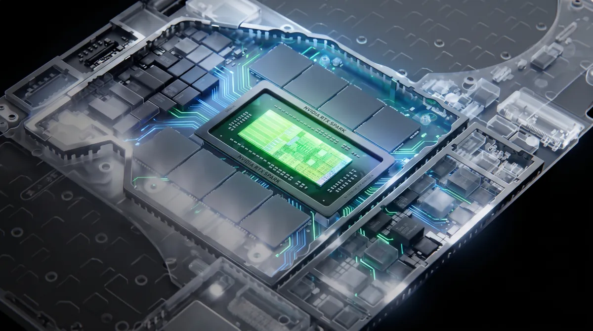 Visão aproximada do superchip Nvidia RTX Spark no interior do notebook Surface Laptop Ultra, destacando os circuitos integrados, a arquitetura de memória unificada e o brilho verde característico da plataforma.
