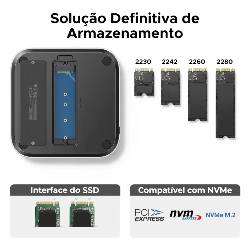 Slot M.2 aberto do dock Ugreen 65487 para Mac mini, com um SSD NVMe parcialmente encaixado